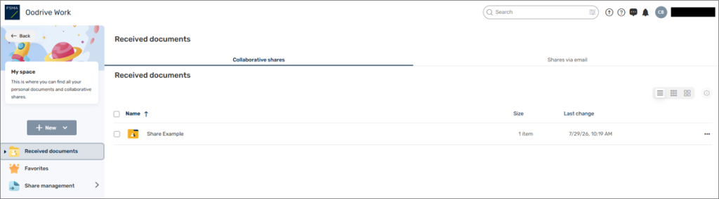 Printscreen Oodrive: list of collaborative folders