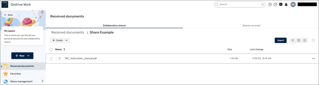 Printscreen Oodrive: list of received documents